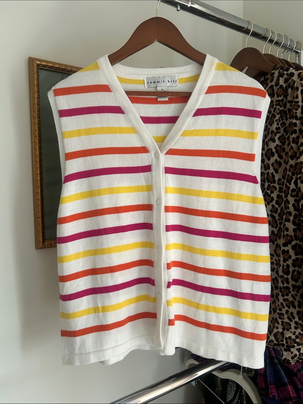 XL striped cardigan v neck sweater in white orange yellow and magenta